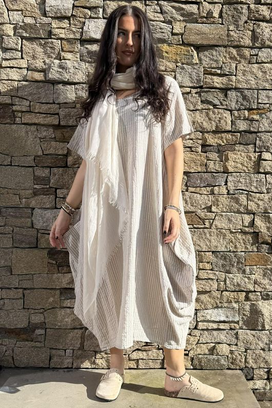 Salcombe Chalk Stripe Cotton Cocoon Dress Stone